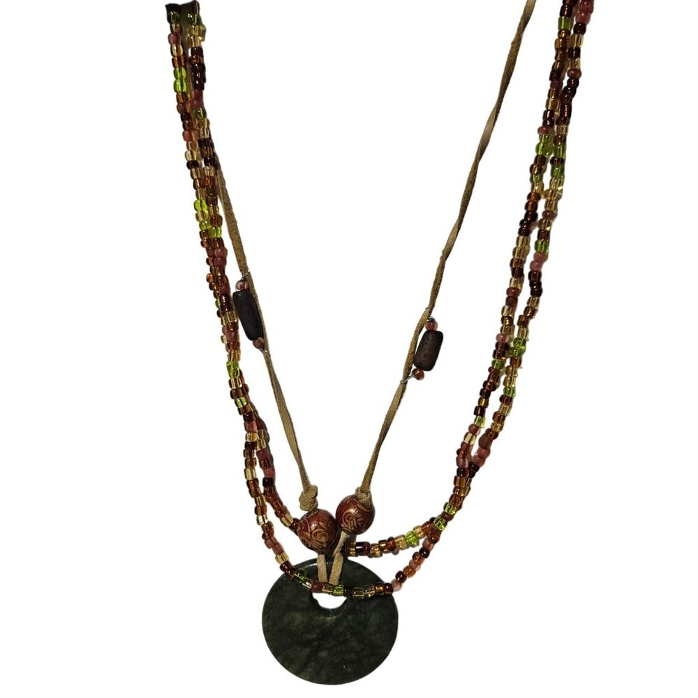 Vintage Green Jade Donut Pendant Beaded Necklace Multi Strand Fashion Jewelry